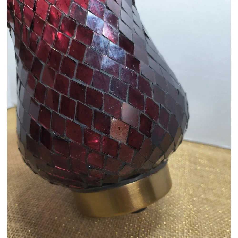 Red Mosaic Stained Glass Hurricane Candle Holder Lamp On Gold Tone Metal Base